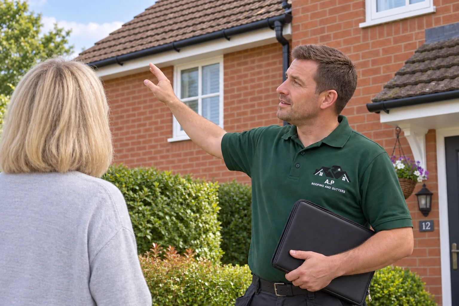 Roofer in a green AP Roofing shirt discussing a roof survey outside a house