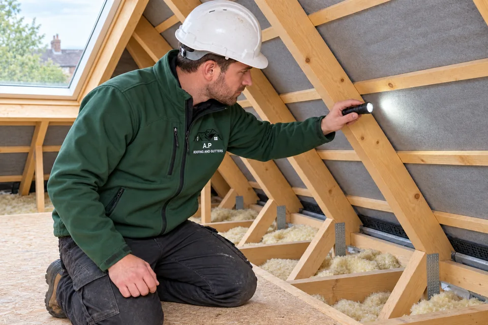 A roofer inspecting the inside of a pitched roof from the loft