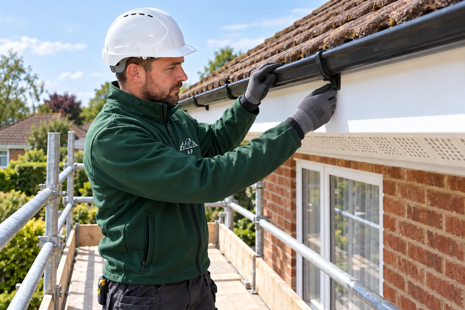 AP Roofing roofer checking gutter support from a scaffold platform