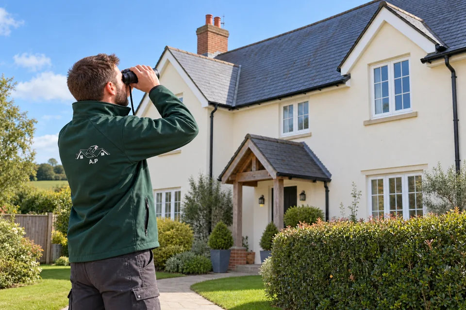 A roofer observing the roof of a house from ground level