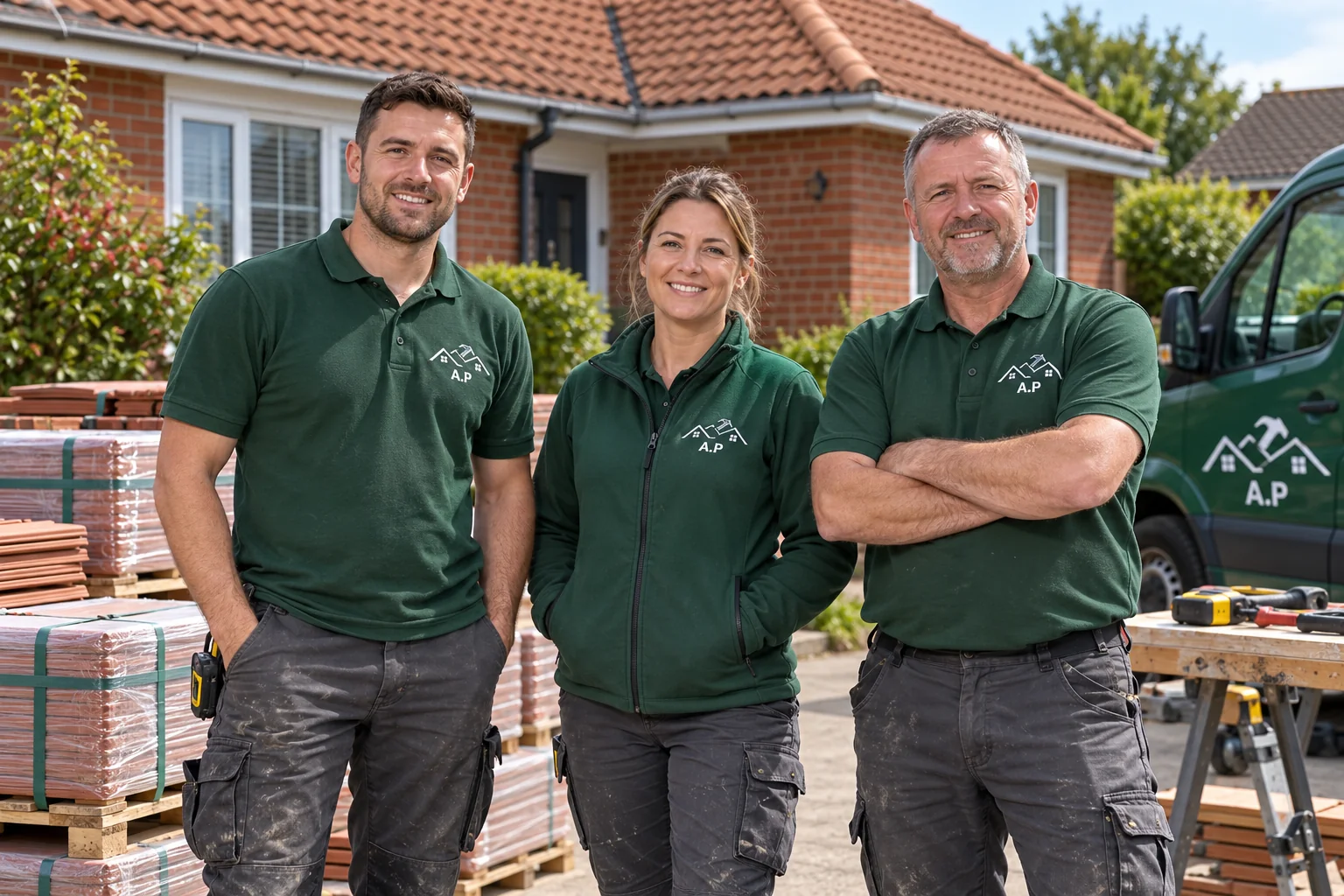 Roofers in green AP Roofing workwear beside a house and roofing materials