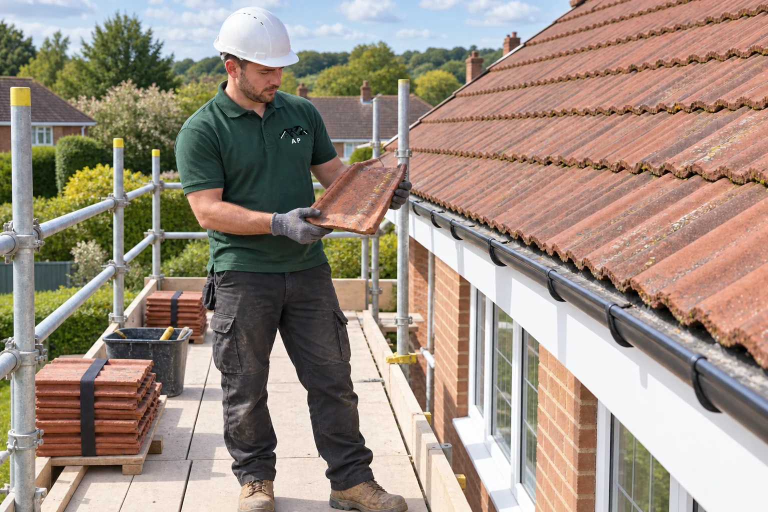 Roofer in green AP Roofing workwear checking tiles from a guarded scaffold