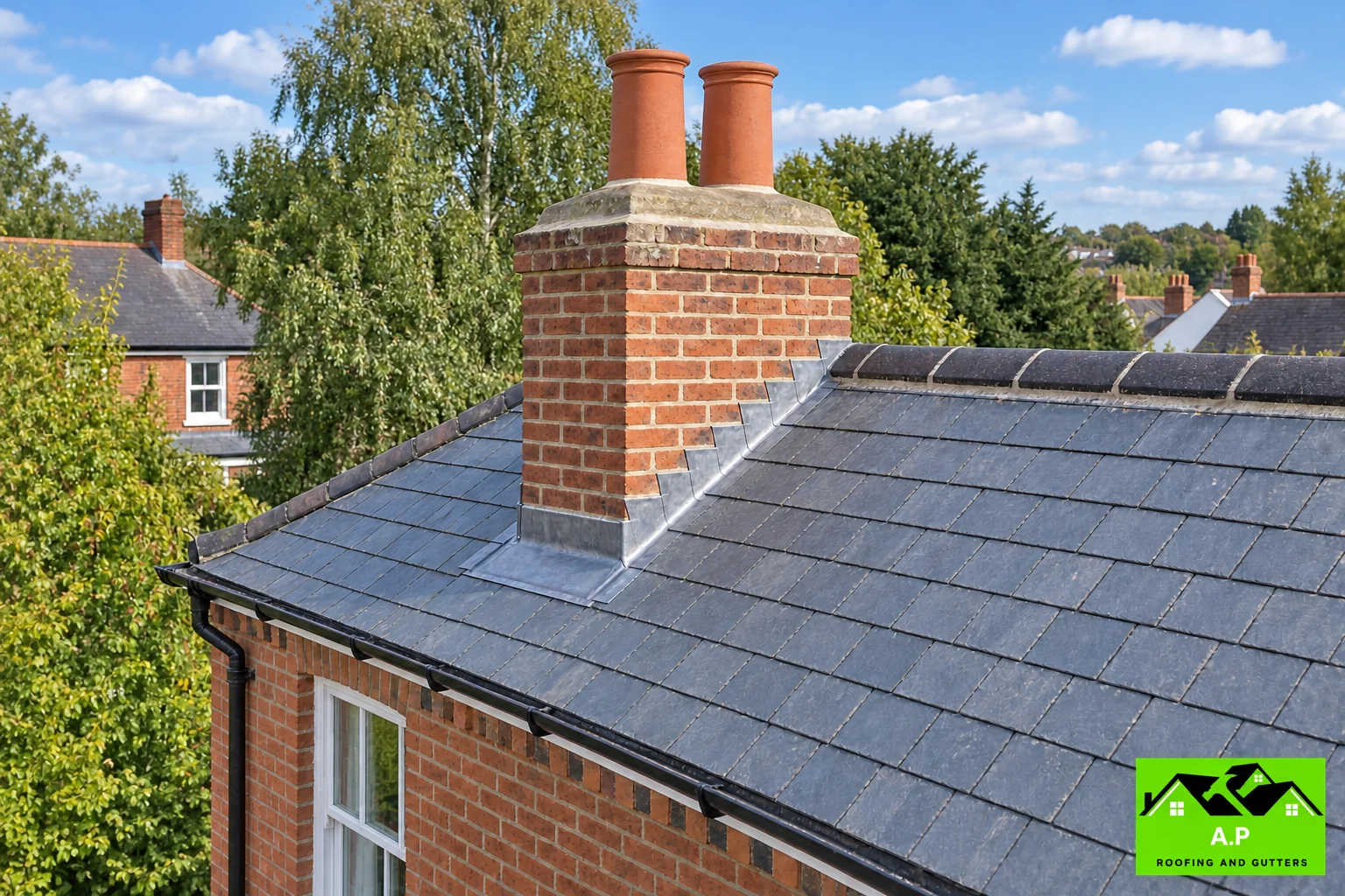 The brick chimney within the natural slate roof