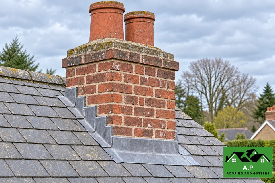 Brick chimney and lead weathering at its junction with a slate roof