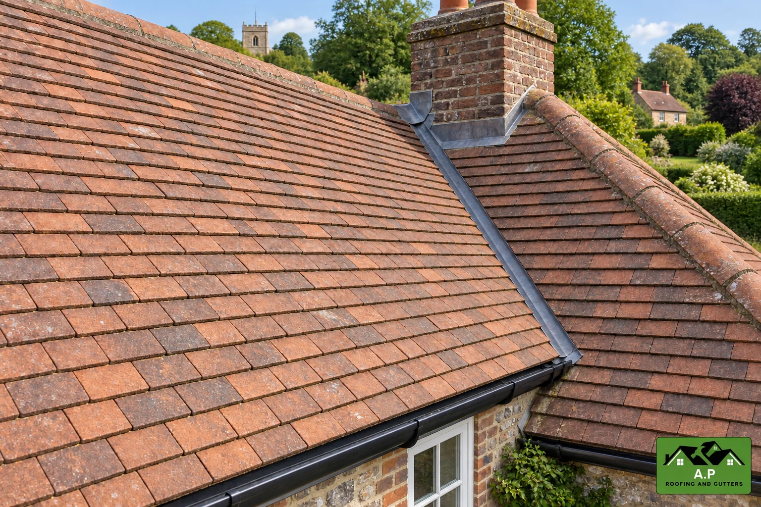 Carefully cleaned tiled roof with a clear valley and rainwater gutter
