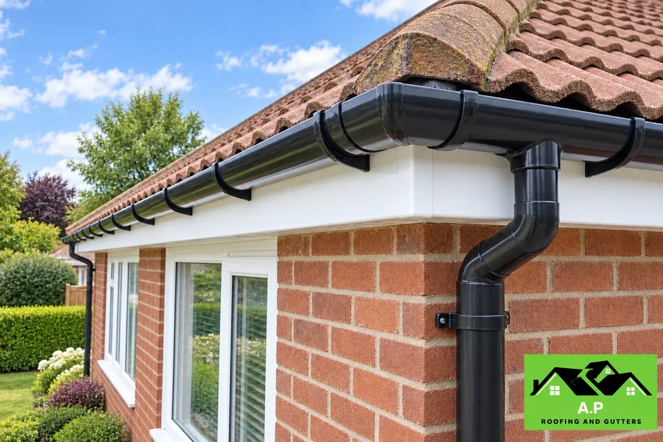 Black guttering and downpipe along a tiled extension roof