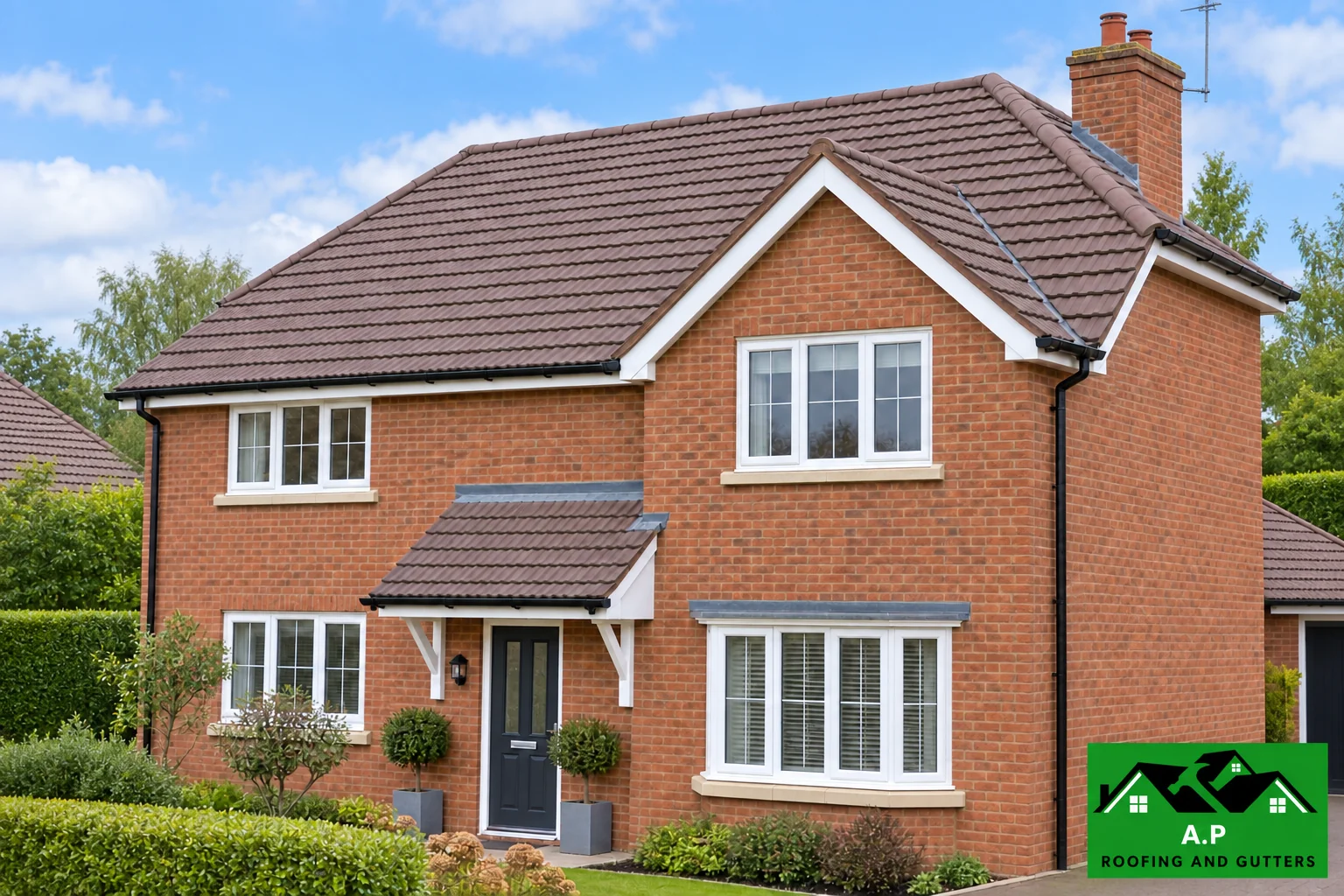 Completed tiled roof on a red brick house with new eaves and guttering