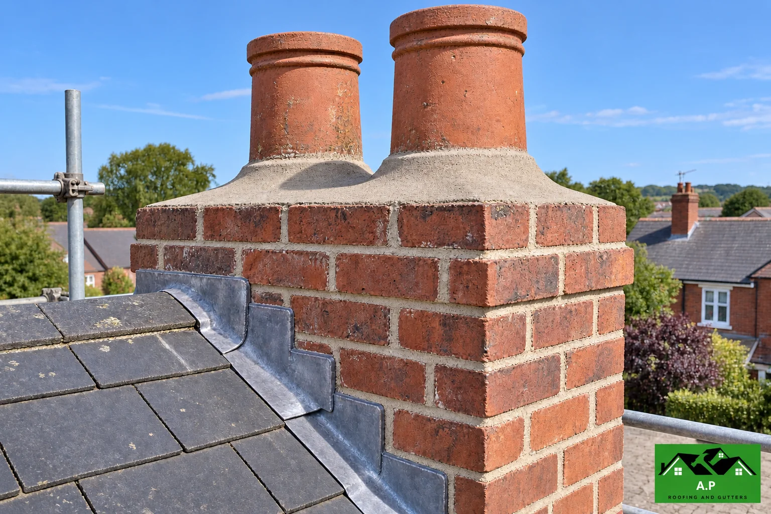 Repaired mortar joints and flaunching on a red brick chimney stack