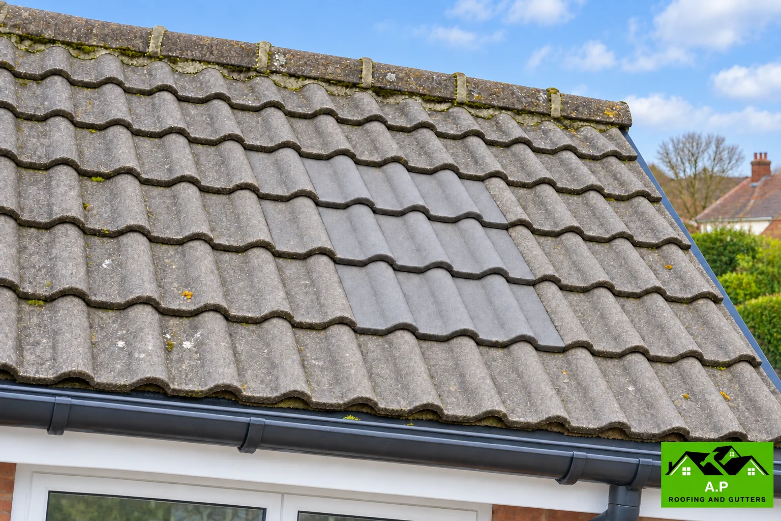 Repaired concrete tile courses on a pitched roof with secure ridge detailing
