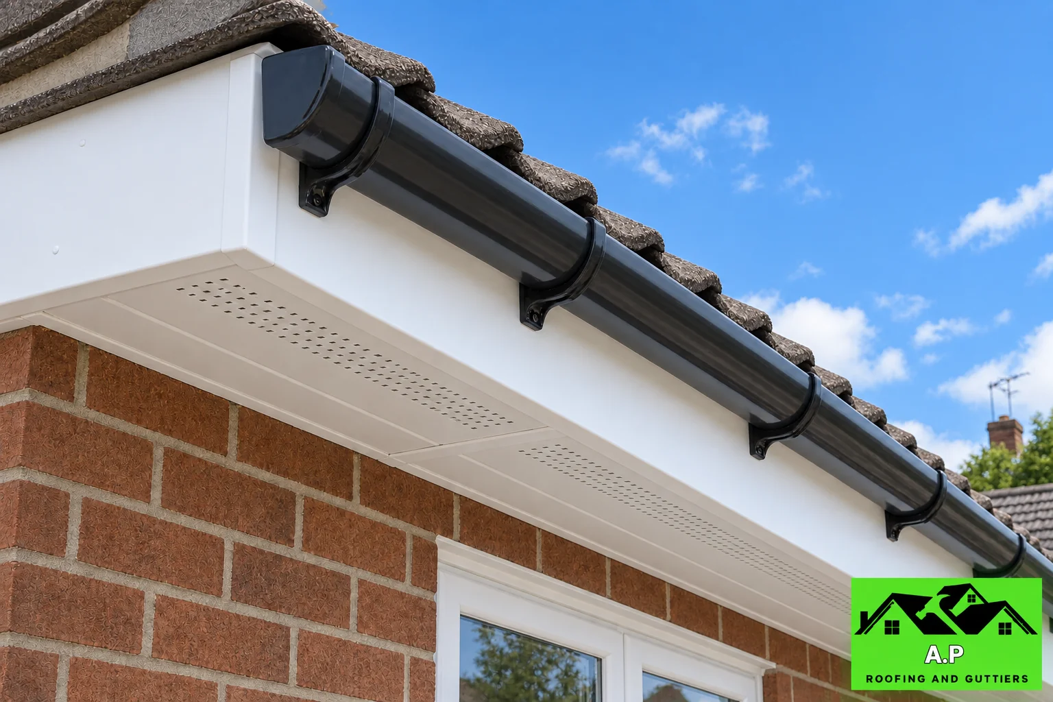 White fascia and ventilated soffit beneath a tiled roof edge