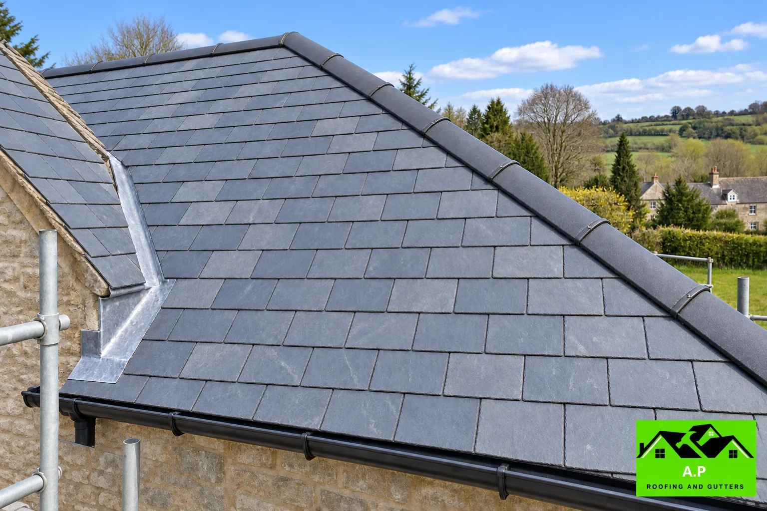 Natural grey slate laid in regular overlapping courses