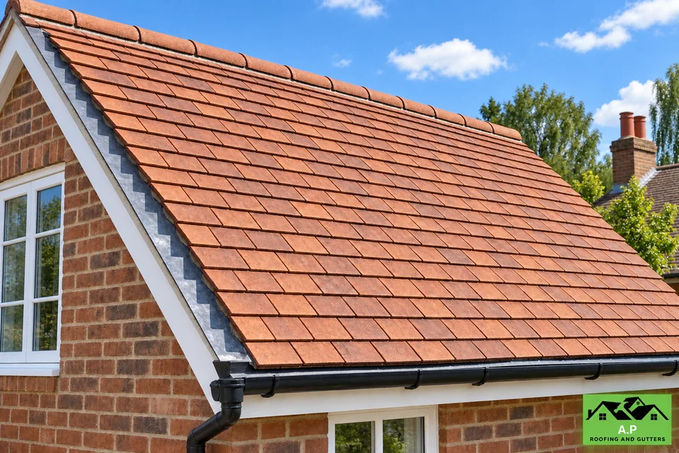 Regular courses of red roof tiles above a black gutter