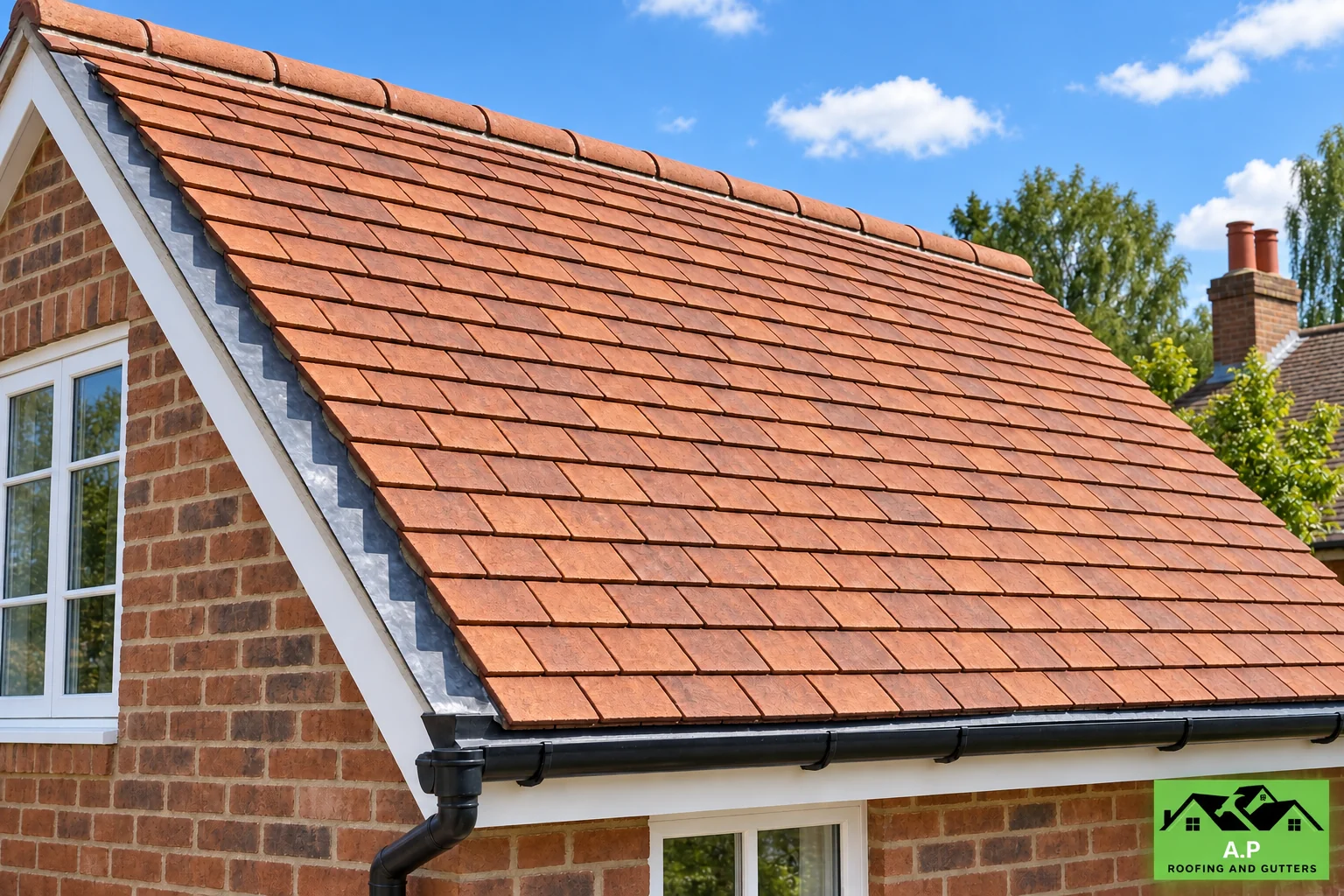 Terracotta clay roof tiles with aligned courses and matching ridge units