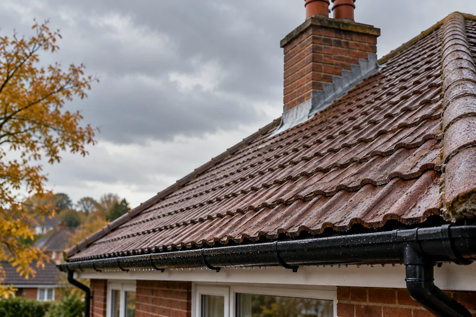 Rain-darkened tiled roof, chimney and gutter under an autumn sky